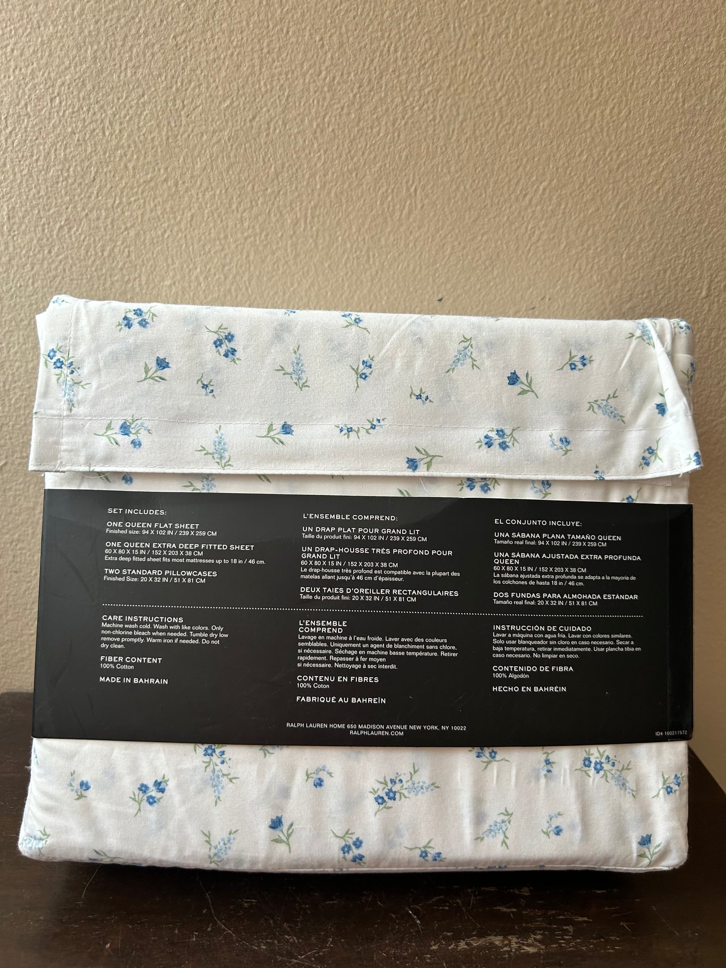 Ralph Lauren floral blue white Cotton 4 Pc Queen Sheet Set NEW