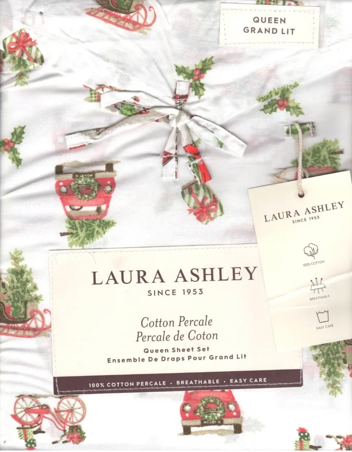 Laura Ashley Queen Sheet Set Holiday Vehicles Evergreen Cottage Farmhouse 4 Pc