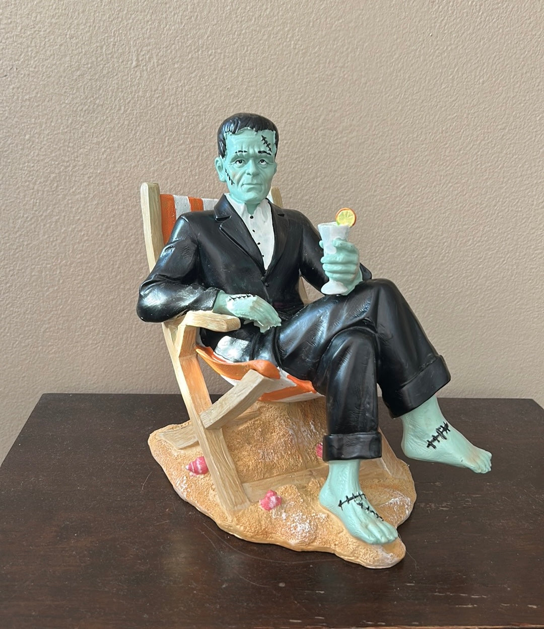 Halloween SUMMERWEEN Frankenstein Lounging on Beach Holding Drink Figurine