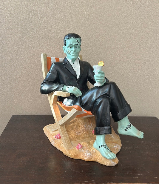 Halloween SUMMERWEEN Frankenstein Lounging on Beach Holding Drink Figurine