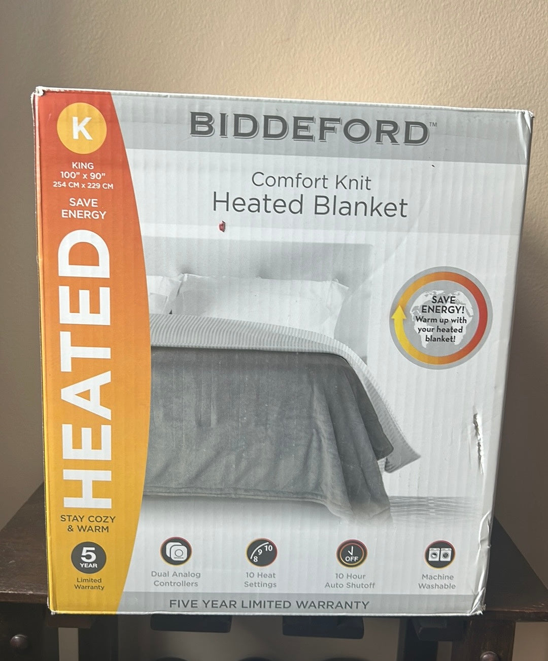 Biddeford Heated Blanket Comfort Knit Gray  King New Analog Control 100”x90”