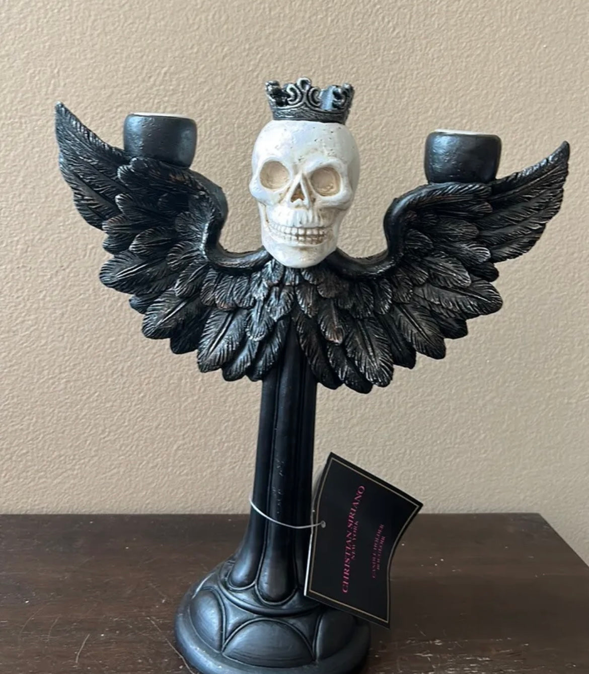 Christian Siriano New Halloween Candelabra holds 2 Candles King Skull witg Wings