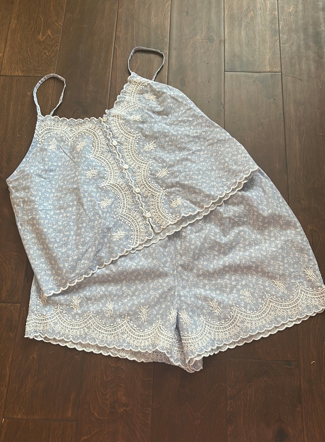 Joie Womens Blue Embroidered Pajama Set Shorts Top New Lace Detail Cotton