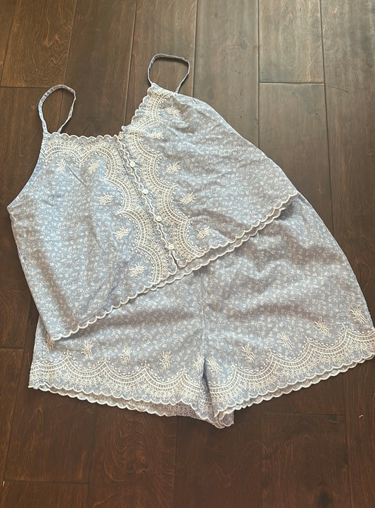 Joie Womens Blue Embroidered Pajama Set Shorts Top New Lace Detail Cotton