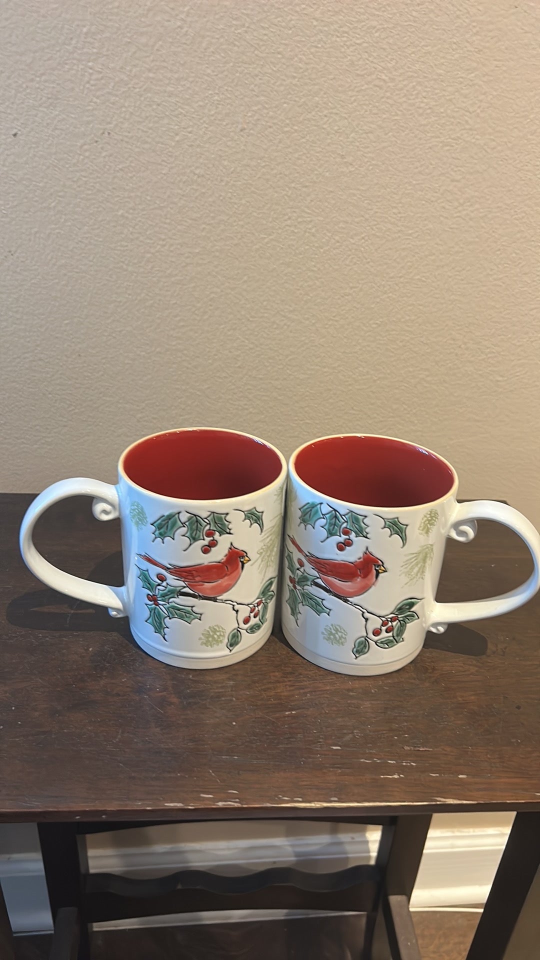 Set Of 2 Eli & Ana Red Cardinal Christmas Stoneware Coffee Mug New Holly Berry