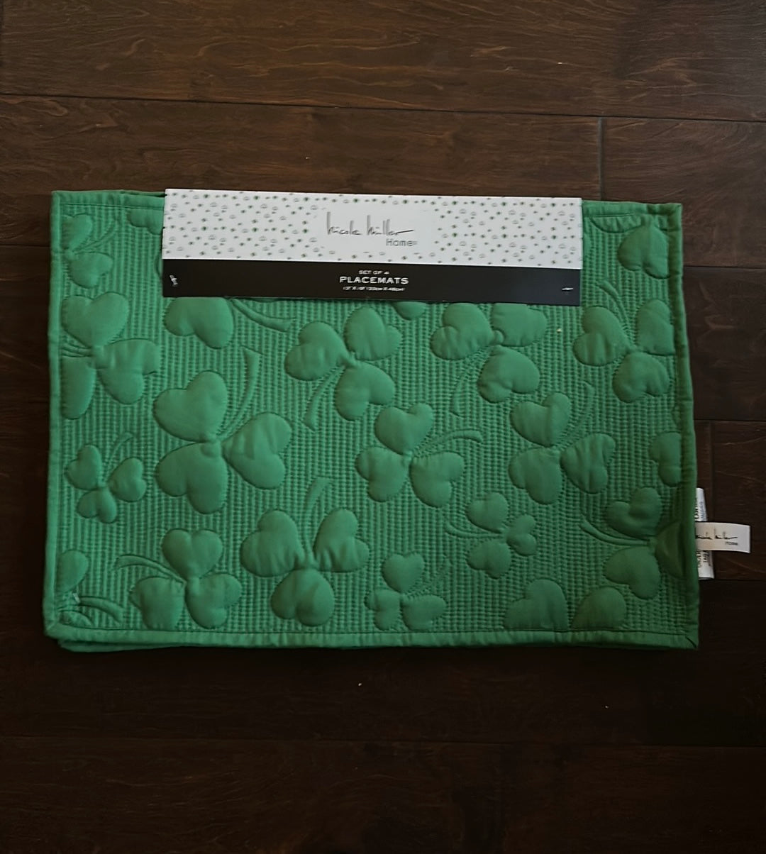 Nicole Miller Set Of 4 Placemats New Green Quilted St Patrick’s Day Clover