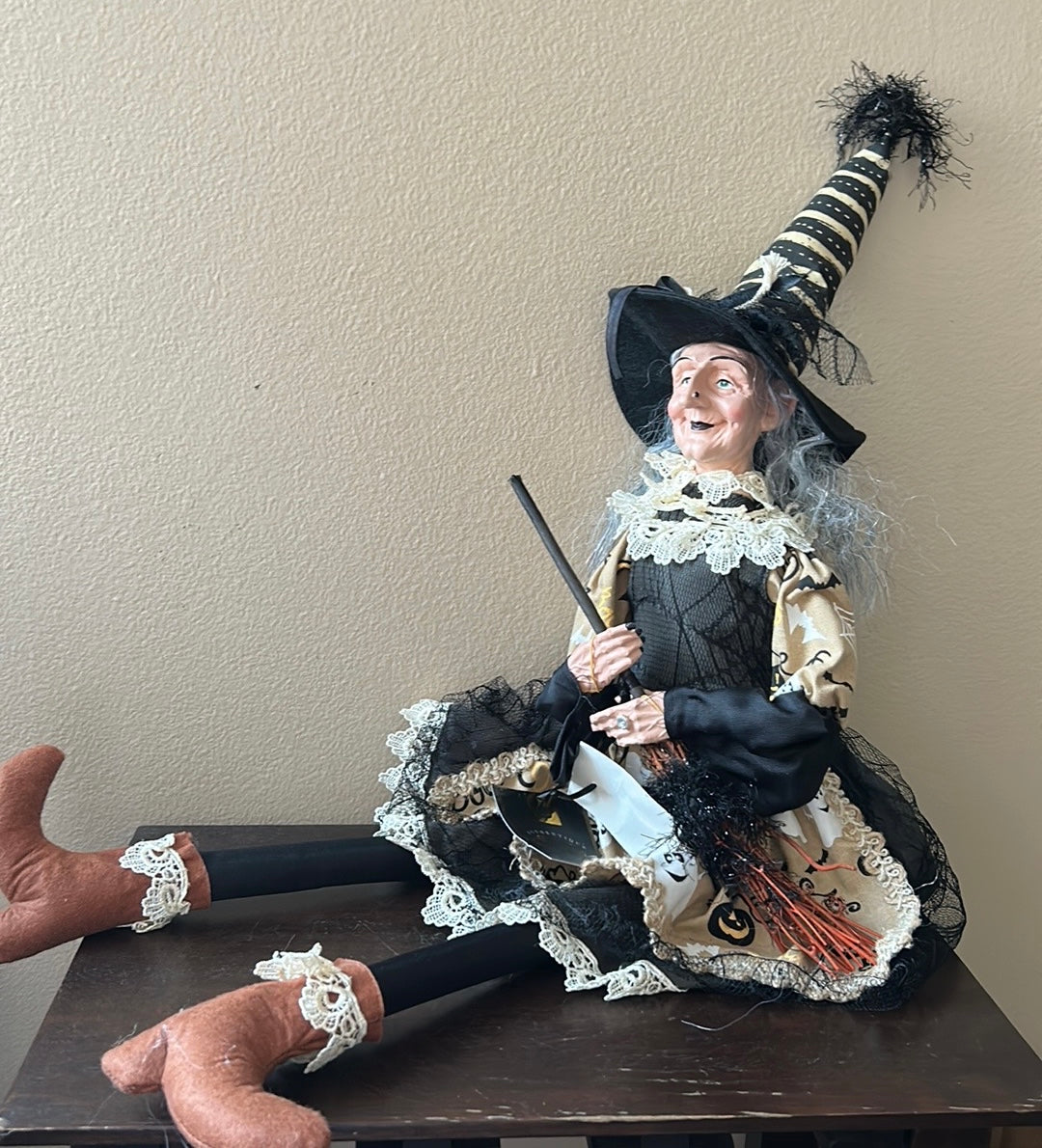 Spooky Night Halloween Witch 30" poseable shelf sitter doll broomstick - new