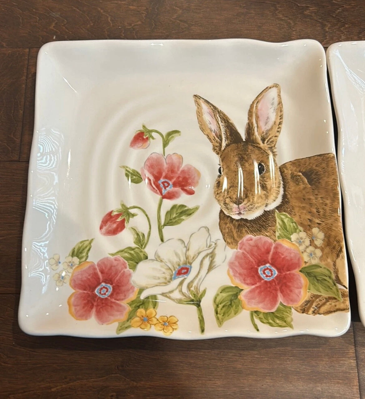 Maxcera Easter Bunny Floral Square Dinner  Scalloped Plates set of 4 New