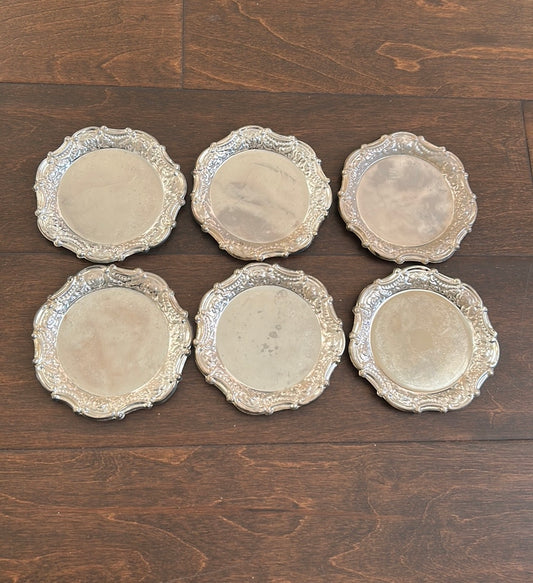 Six Piece Etched Silver Plated  Coaster Set New