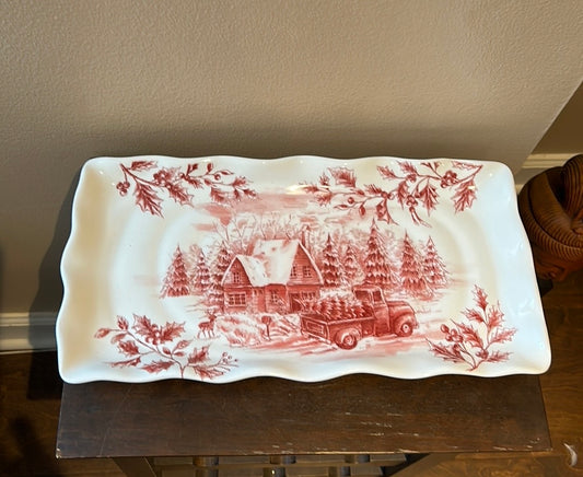 Maxcera vintage style Christmas serving Platter Red Truck Holly Berries Cabin