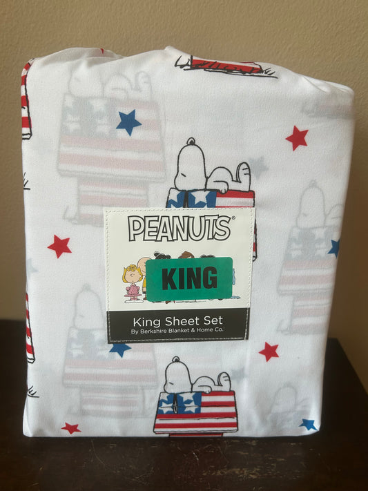 New Peanuts Snoopy Sheet Set Americana Red White Blue July 4th