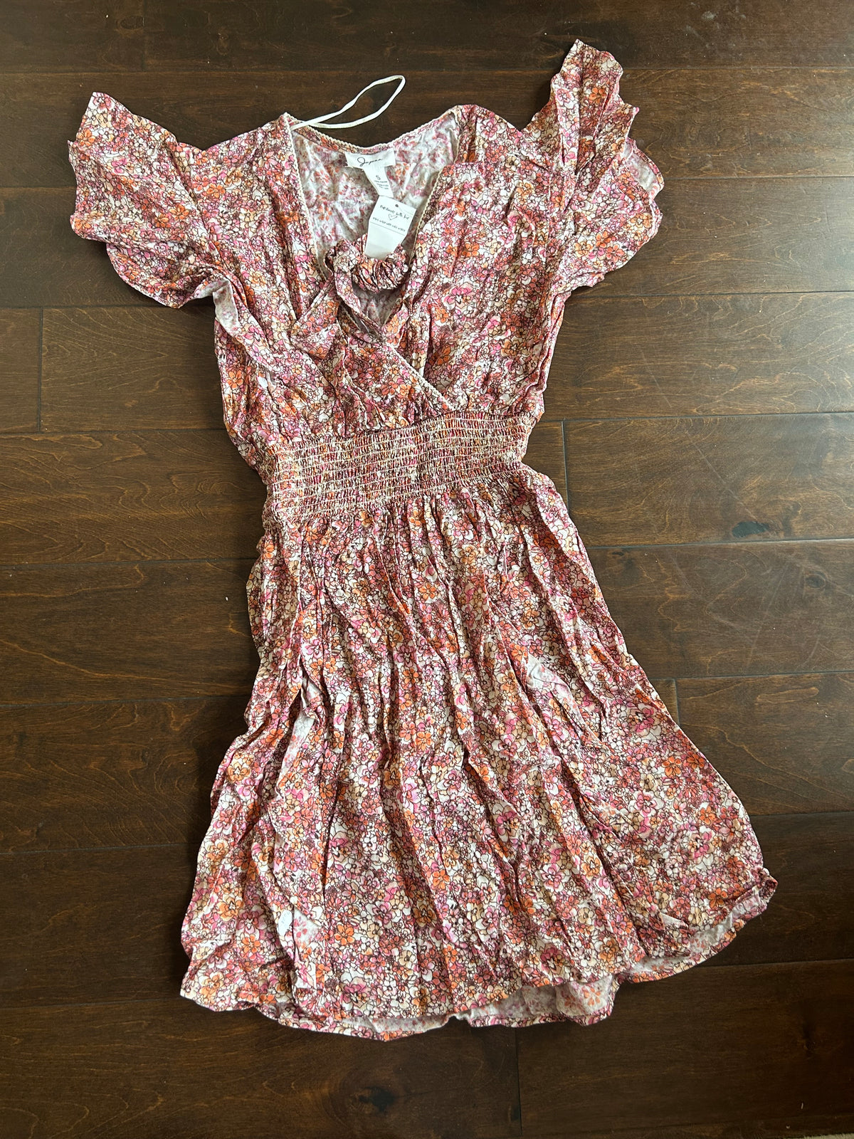 Japna Women’s Mini Dress New Floral Flutter Sleeve Viscose Ruffle Smocked Waist Sz S