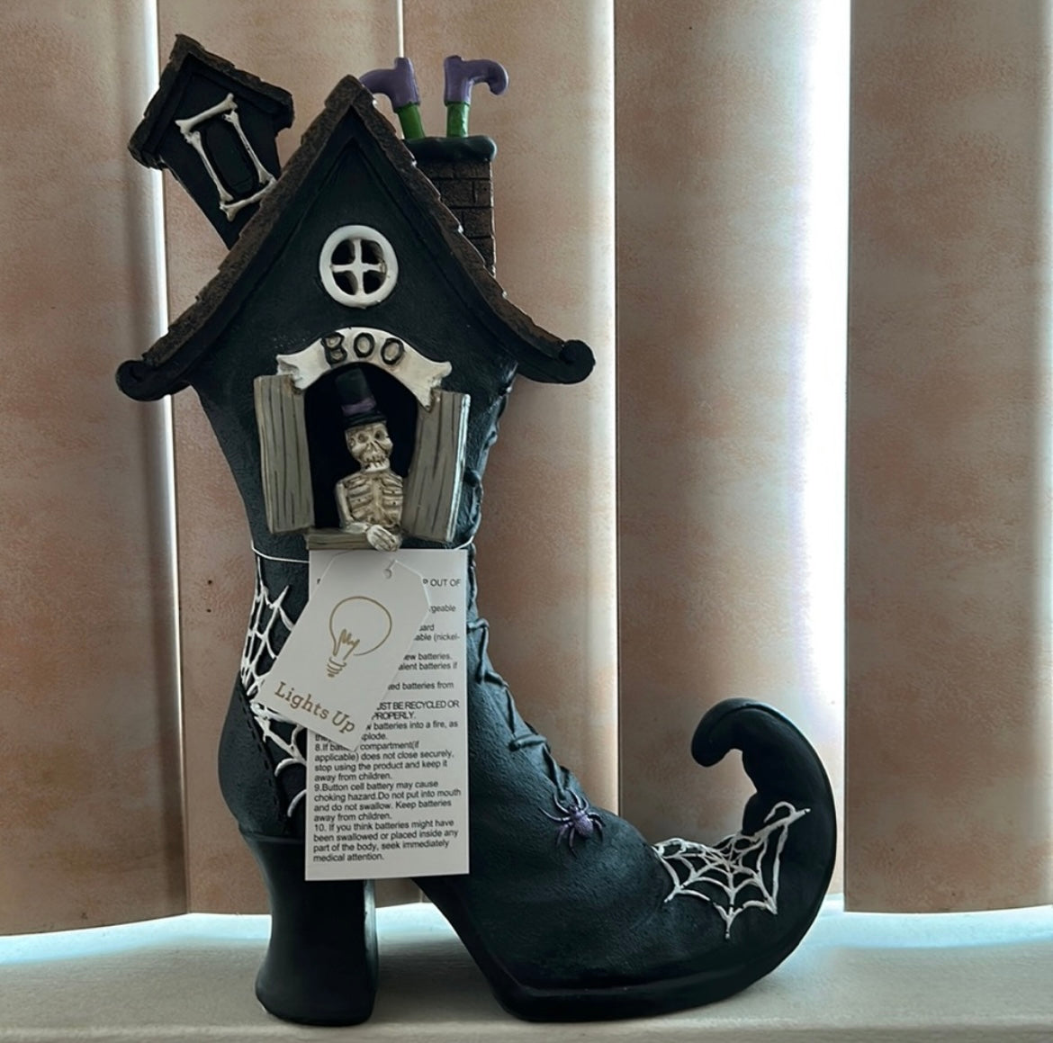 New Halloween Witch Boot House Light Up Skeleton Figurine Statue Tabletop 12"￼