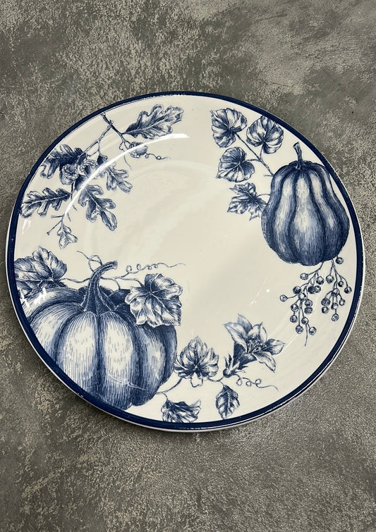 Maxcera Fall Thanksgiving Single Dinner Plate Ceramic Round Blue Pumpkins New