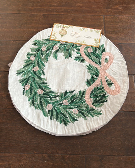 Lillian August Set Of 4 Placemats New Christmas Embroidered Wreath