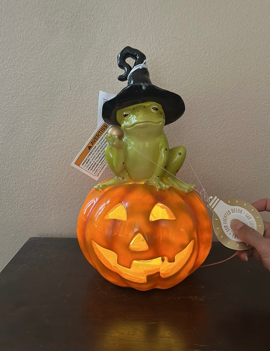 New Light Up LED Pumpkin With Frog Wearing Witch Hat On It Halloween Figurine
