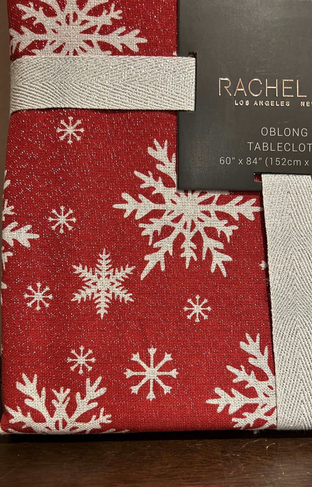 Rachel Zoe Snowflake Red White Tablecloth Shimmer 60”x 84” Oblong  Christmas