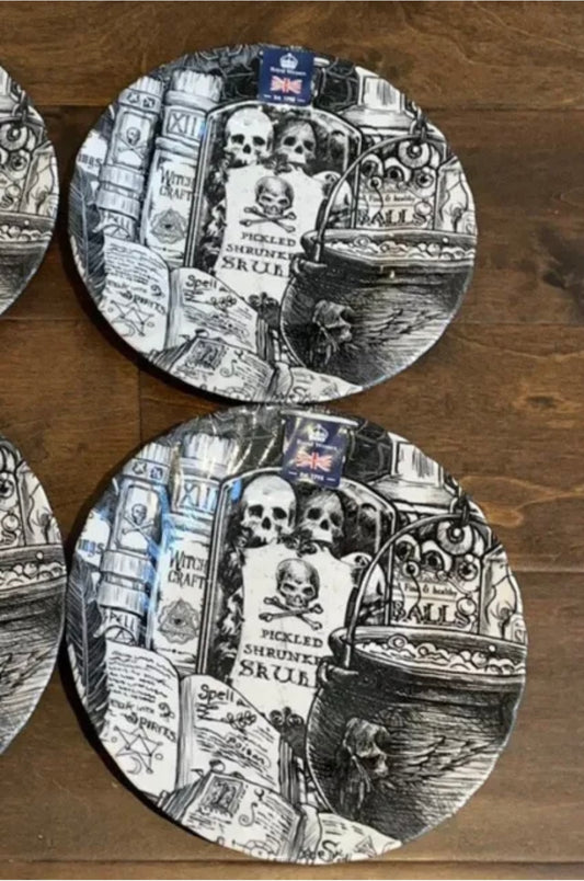 Set of 4 Royal Wessex HALLOWEEN Salad PLATEs Eyeballs Pickled Skull Crossbone