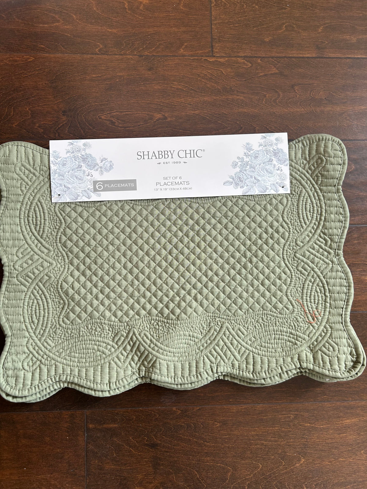 Shabby Chic Set Of 6 Scalloped Edged  Quilted Placemats New Green Fall