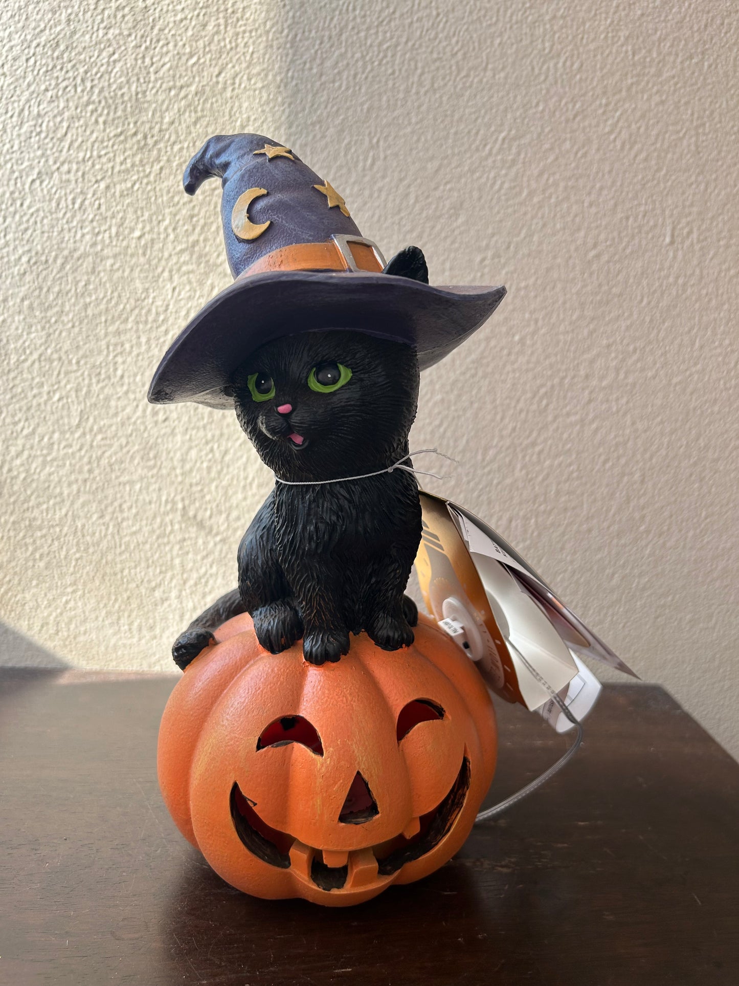 New Halloween LED Light Up Witch Cat On Pumpkin Figurine kitty black new 10”