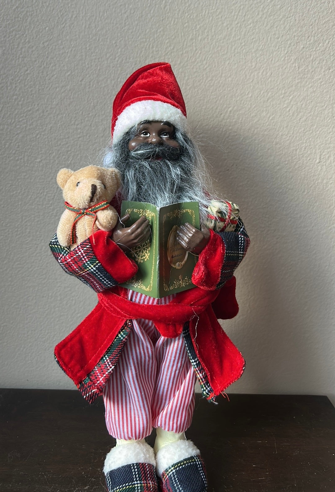 African American Santa Claus Wearing Pajamas Robe With Book New Christmas 12.5”