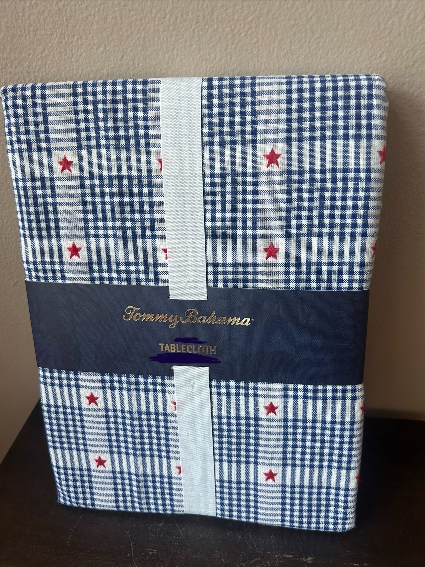 New Tommy Bahama Americana Tablecloth Plaid Stars Red Blue Oblong 60”x84”