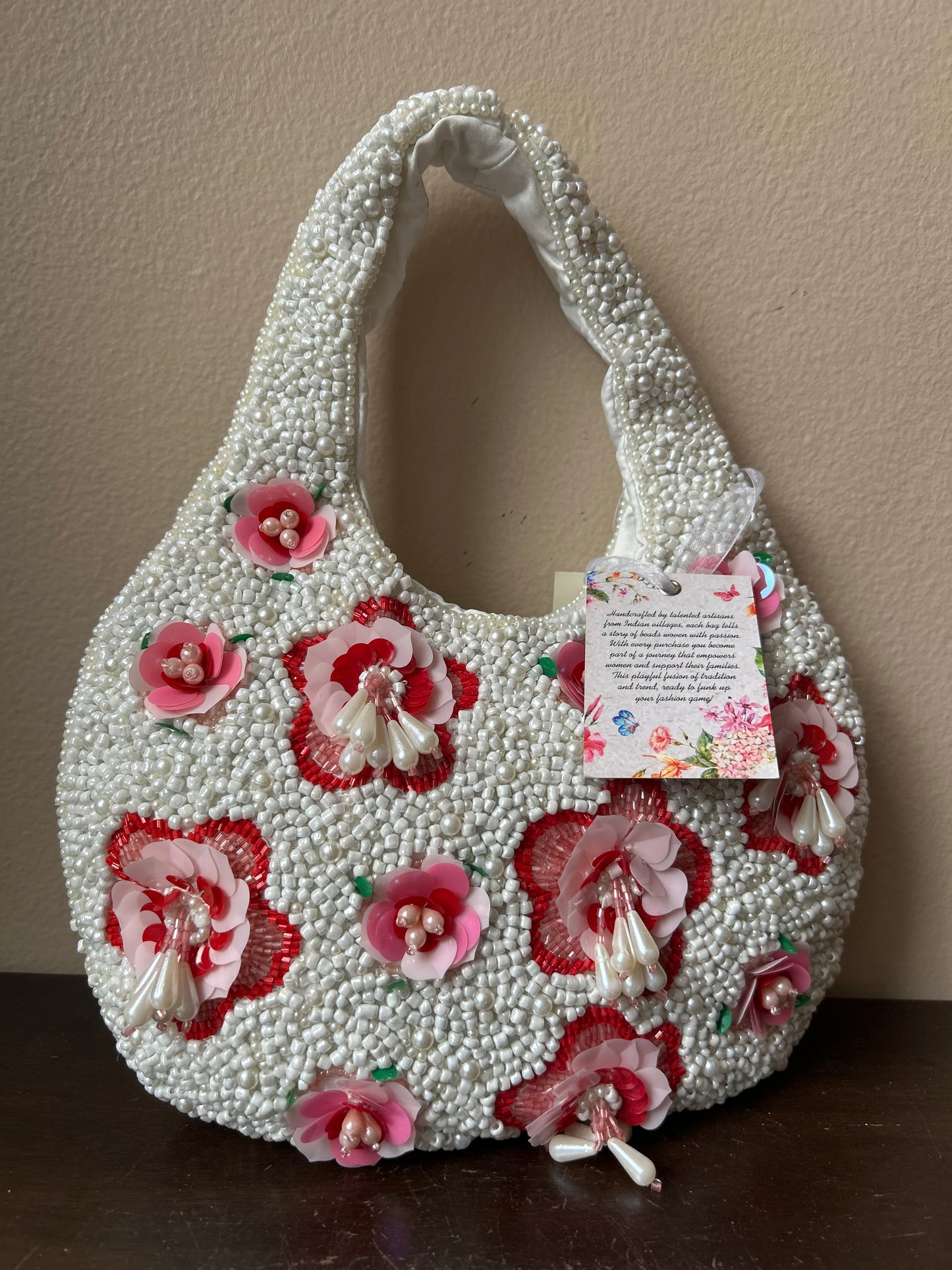 New Off White And Pink Floral Beaded Bag Off White Pink Handcrafted