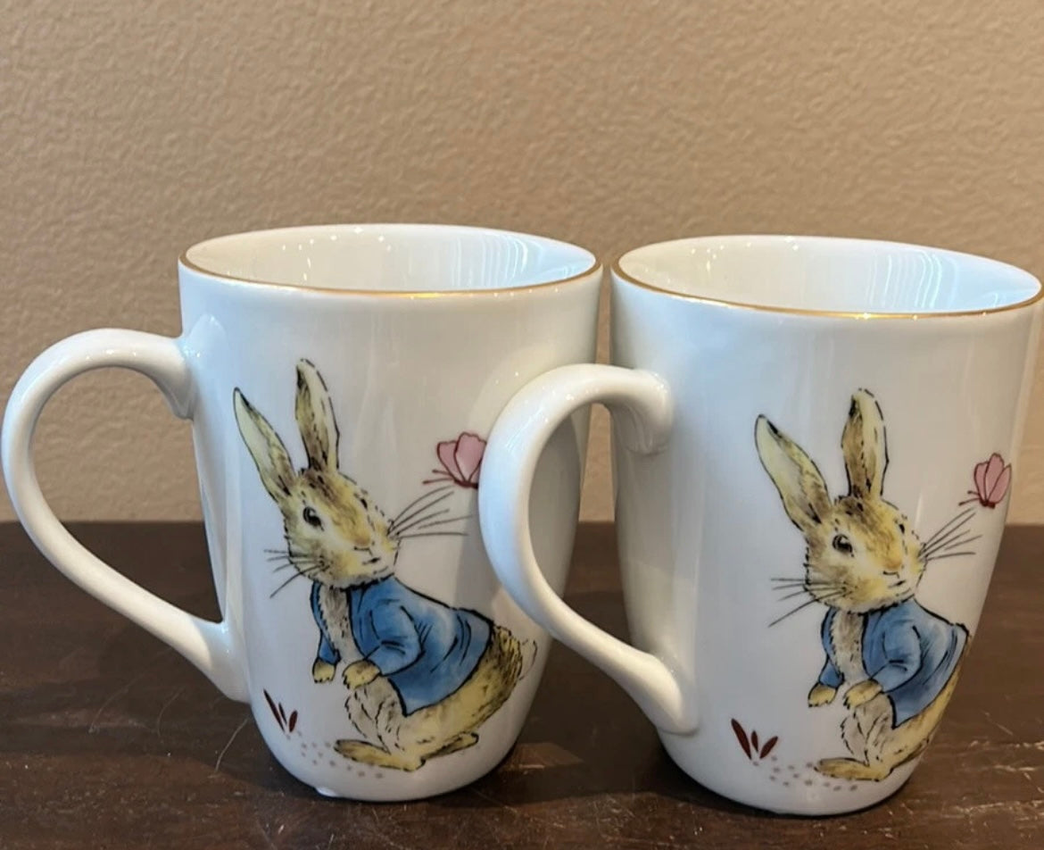 Beatrix Potter Peter Rabbit Bunny Easter Set of 4 Mugs Gold Rim New