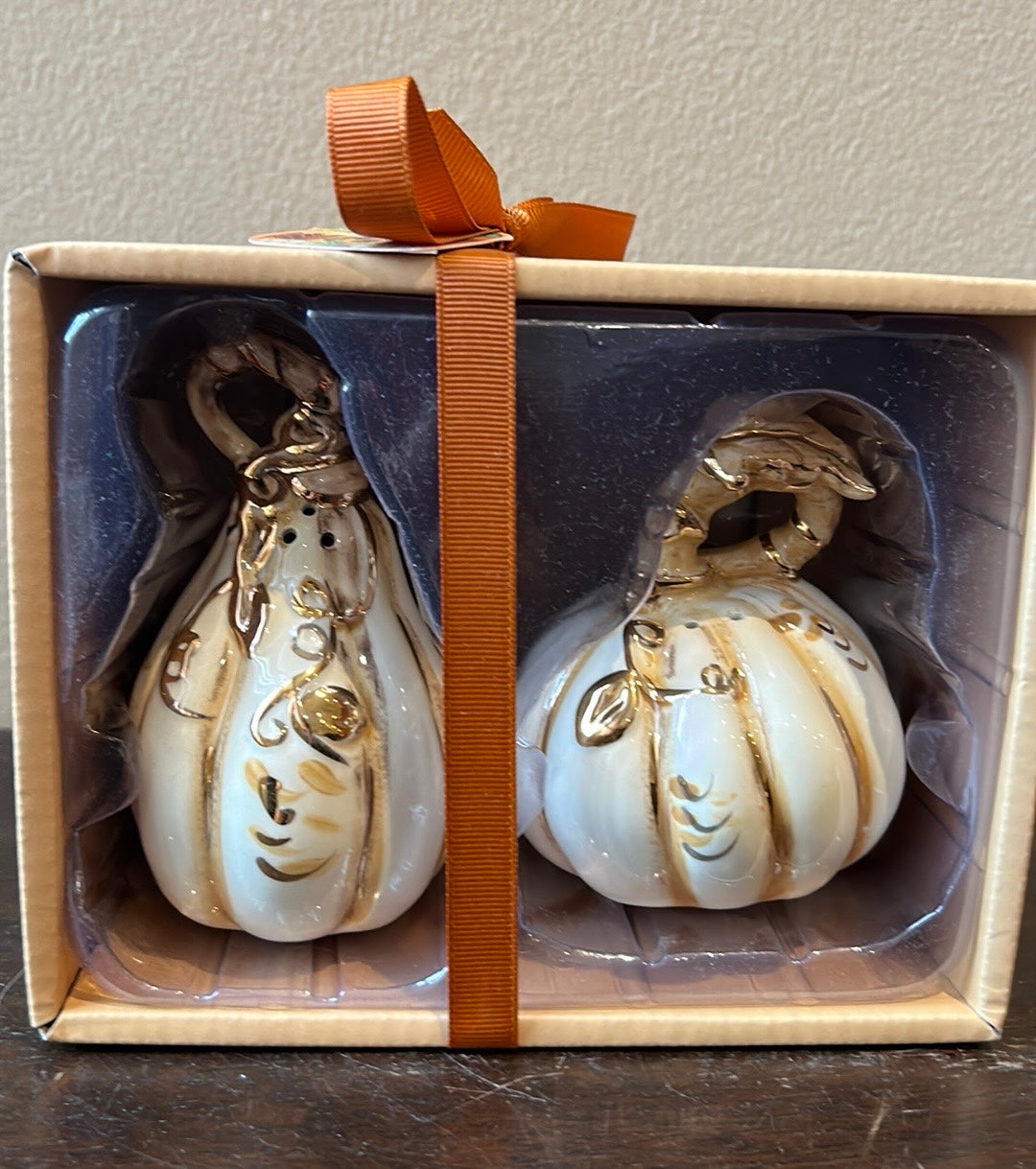 Blue Sky Clayworks Golden Off White Gold Pumpkin Salt & Pepper Shakers