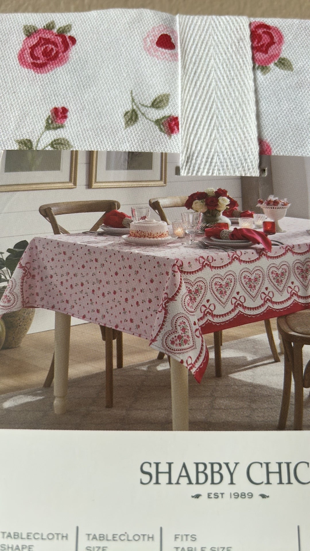 Shabby Chic Valentines Tablecloth New Roses Hearts Love Cotton