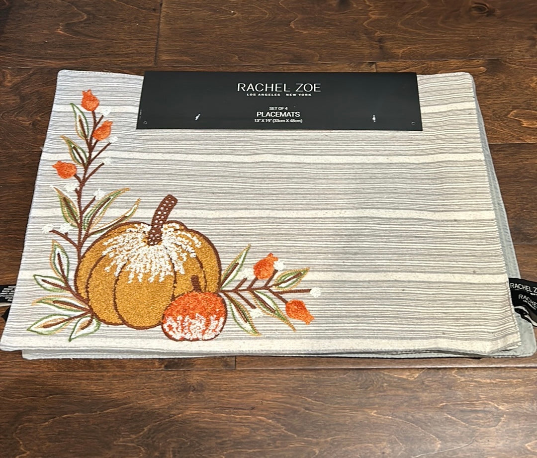 Rachel Zoe Set of 4 Embroidered Placemats Fall Pumpkin New