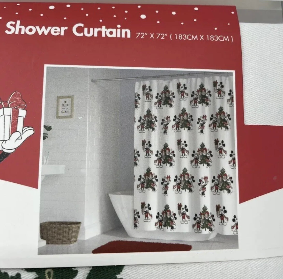 Disney Mickey & Minnie Mouse Shower Curtain Christmas Tree Gifts 72”x72” NEW