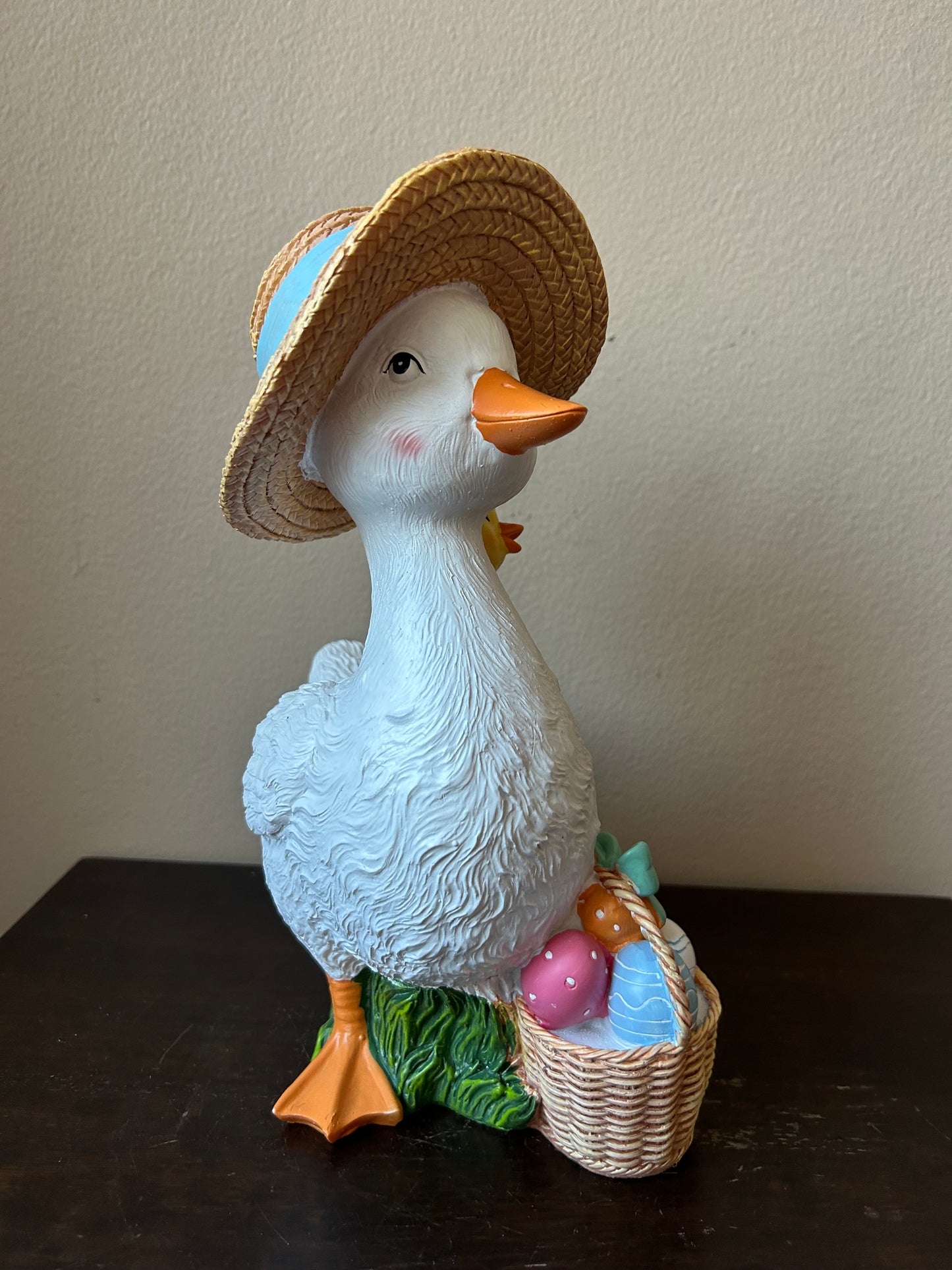 New Easter Duck Wearing Straw Hat With Easter Egg Basket Figurine 11” Tall