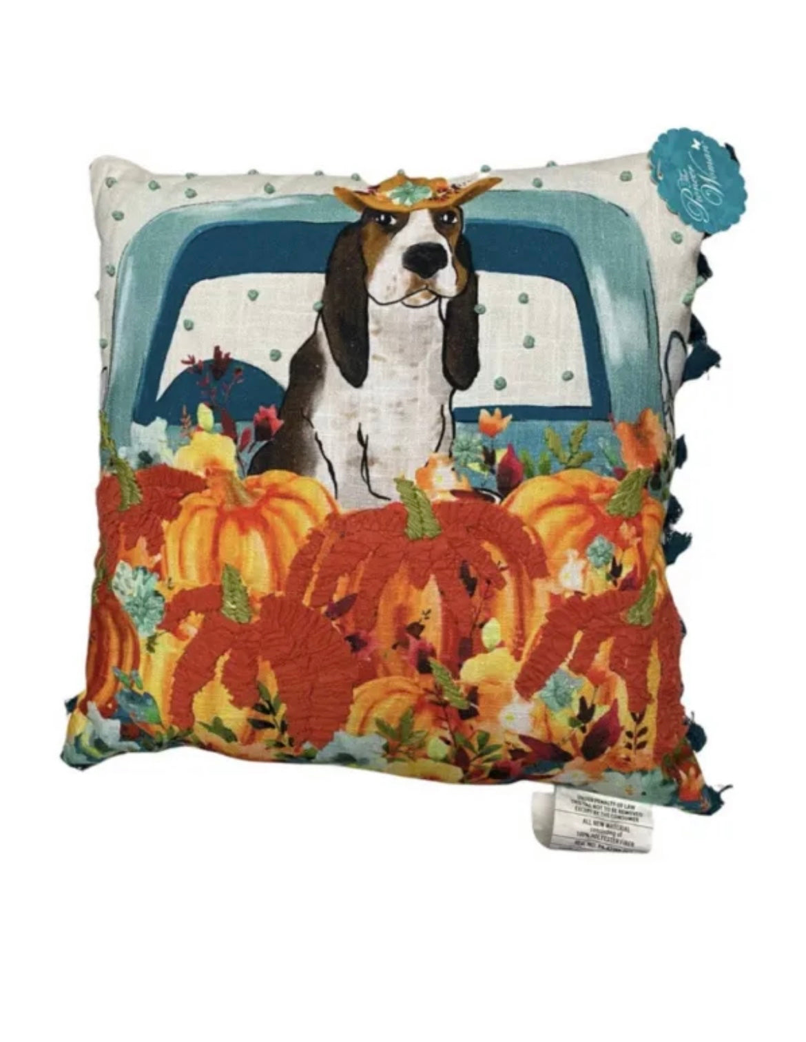 2 Pioneer Woman Charlie Pillow Fall Truck Bassett Hound Dog Pumpkin Embroidered