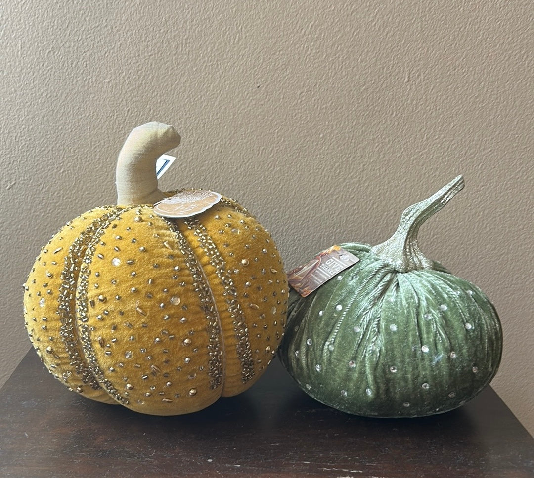 Set Of 2 New Beaded Velour decorative Pumpkin Mustard Gold  Green Thanksgiving