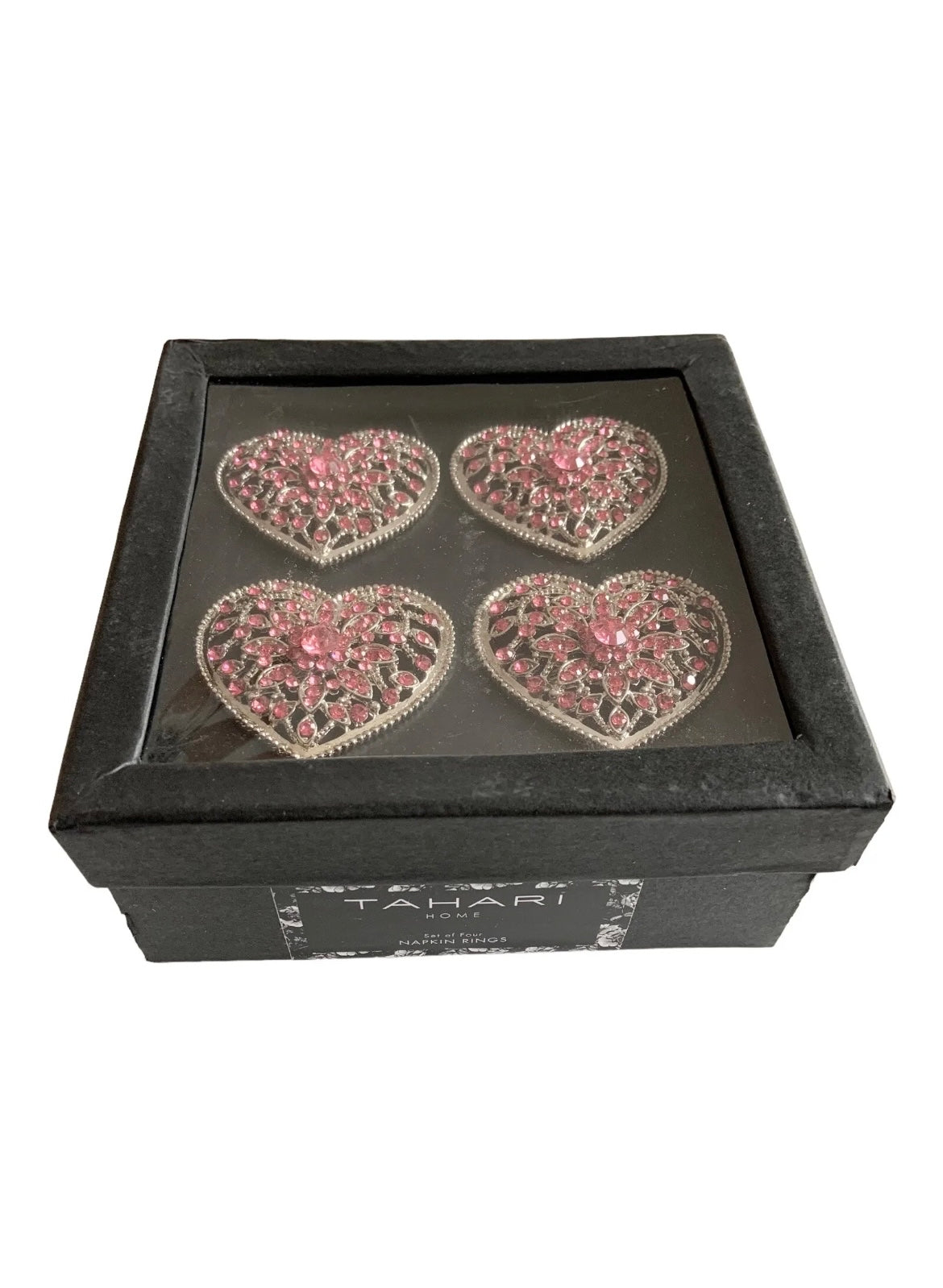 Tahari Home Set of 4 Silver Metal Heart PINK Rhinestone Napkin Rings Valentine