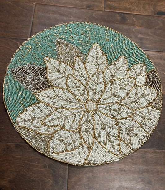 Nicole Miller Christmas Holiday Poinsettia Beaded 14" Charger Placemat set of 2