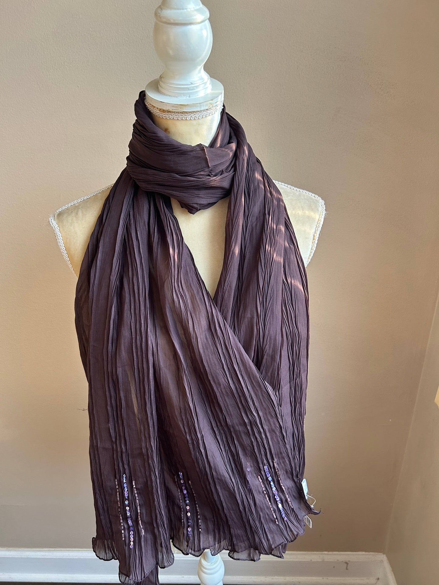 Womens Brown Pleated Scarf  New Sequins Accents On Edges 5000-3102