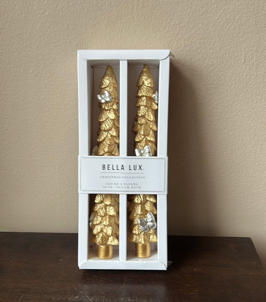 Bella Lux Taper Candles 2 Pcs Christmas Tree Bows 10” Gold