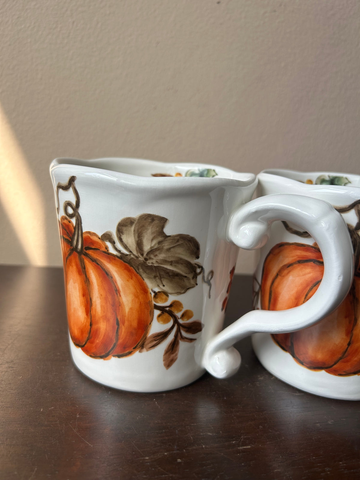 Set Of 2 Pumpkin Fall Coffee Mugs Cups New Thanksgiving Leaves Ceramic