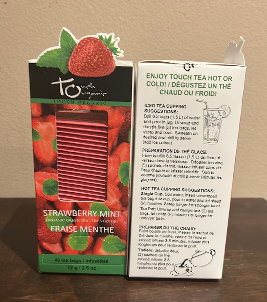 2 Touch Organic Strawberry Mint Green Tea Bags, 40 Bags Each 2.5 oz Exp 2026