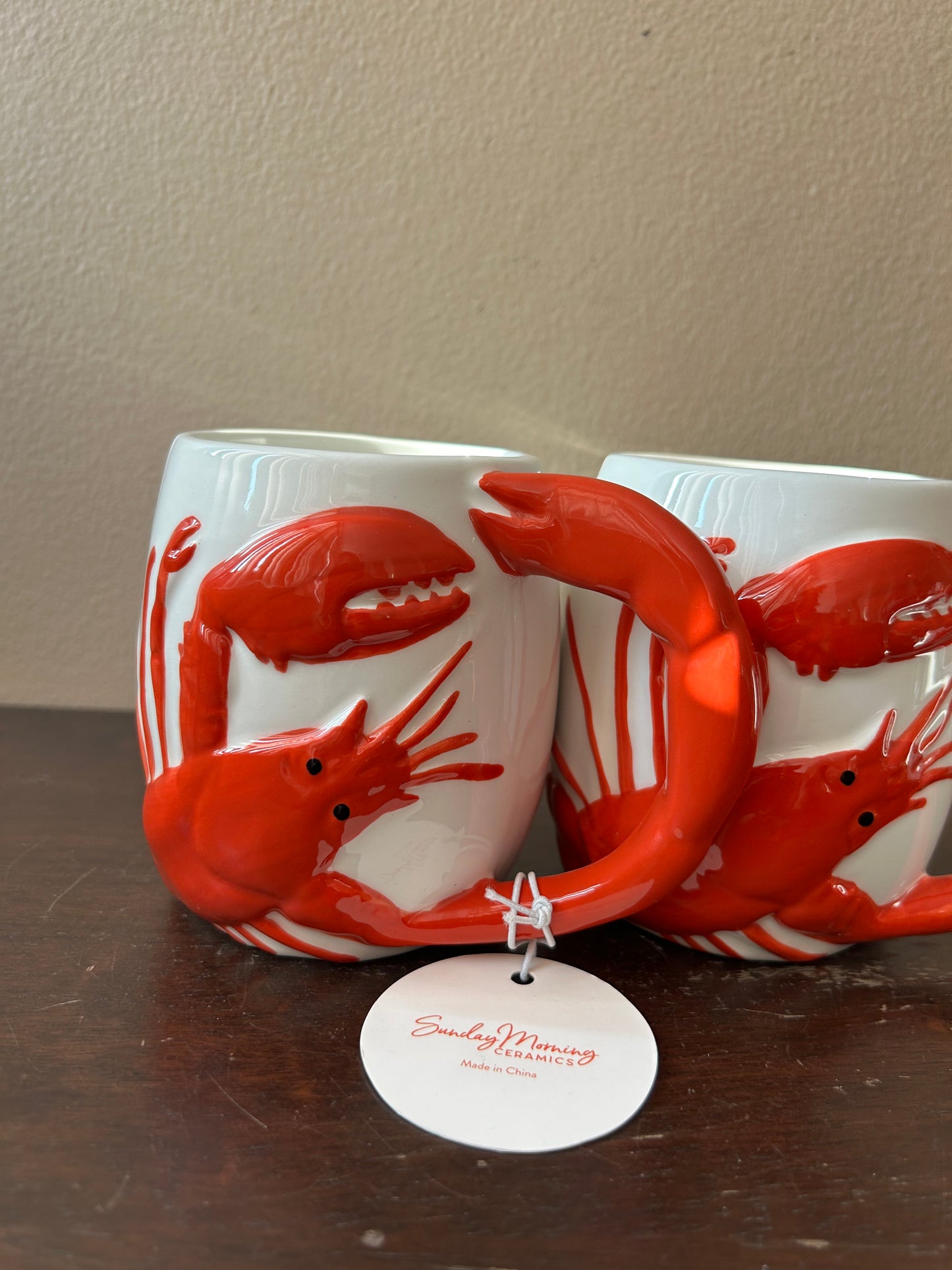 New Sunday Mornings 2 Coffee Mugs Red Lobster”you’re A Catch” Hand Painted