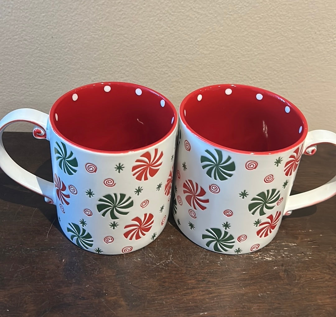 Set Of 2 Spectrum Peppermint Swirl Red Green Christmas Stoneware Coffee Mug New