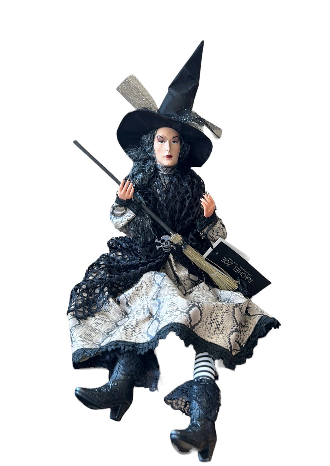 Halloween Witch Doll w/Skull Black Lace Faux Snake Skin Dress 25" Shelf Sitter