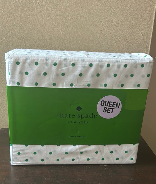 Kate Spade Queen Sheet Set 4pc Green Polka Dots Cotton New St Patrick’s Day