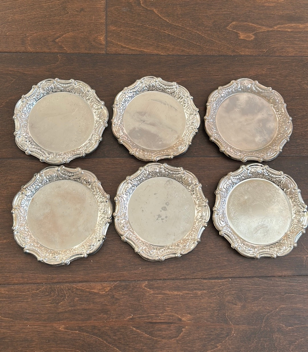 Six Piece Etched Silver Plated  Coaster Set New