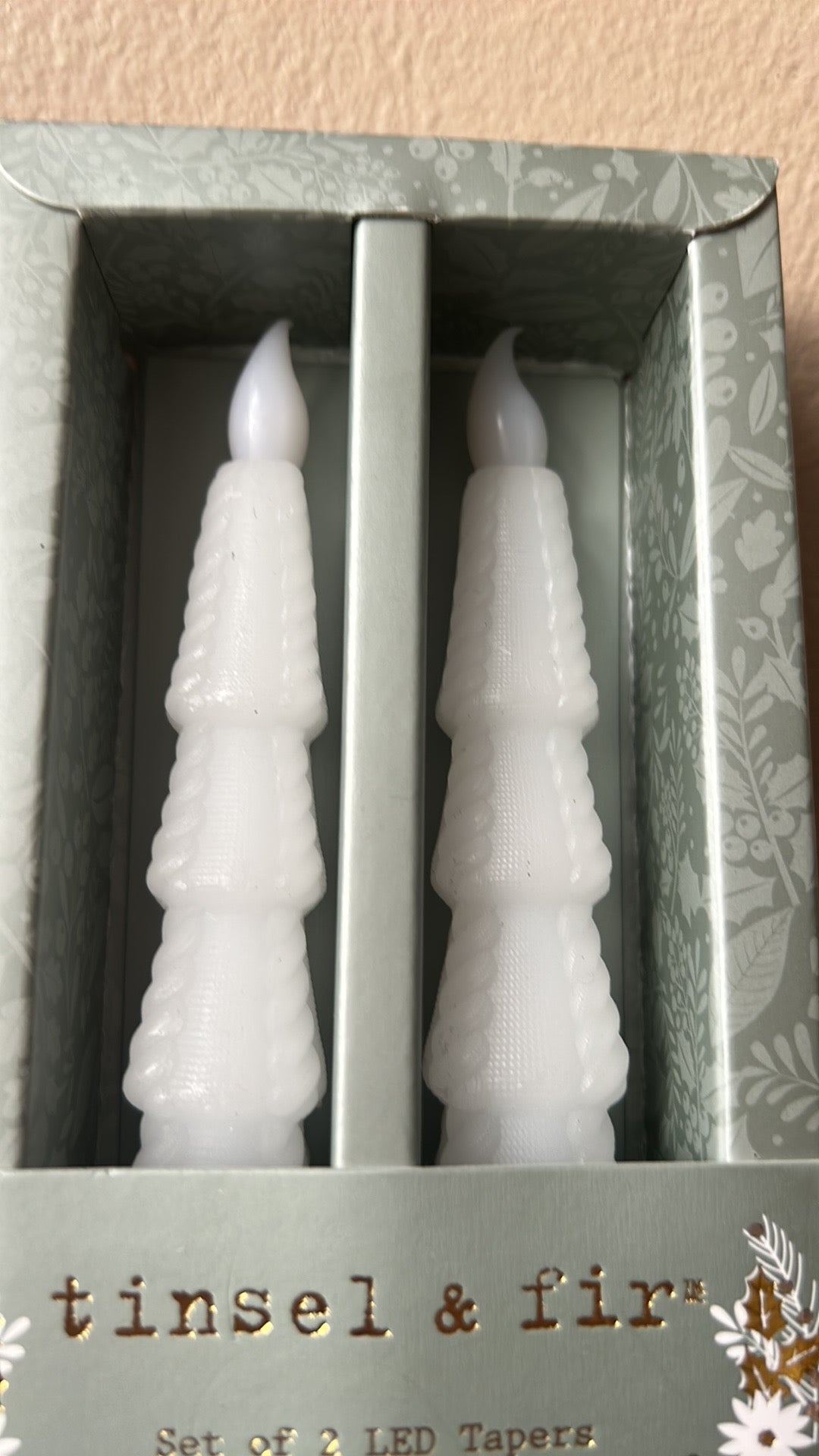 Tinsel & Fir Flameless Taper Candles 2 Pcs LED Christmas Tree 10.8” White