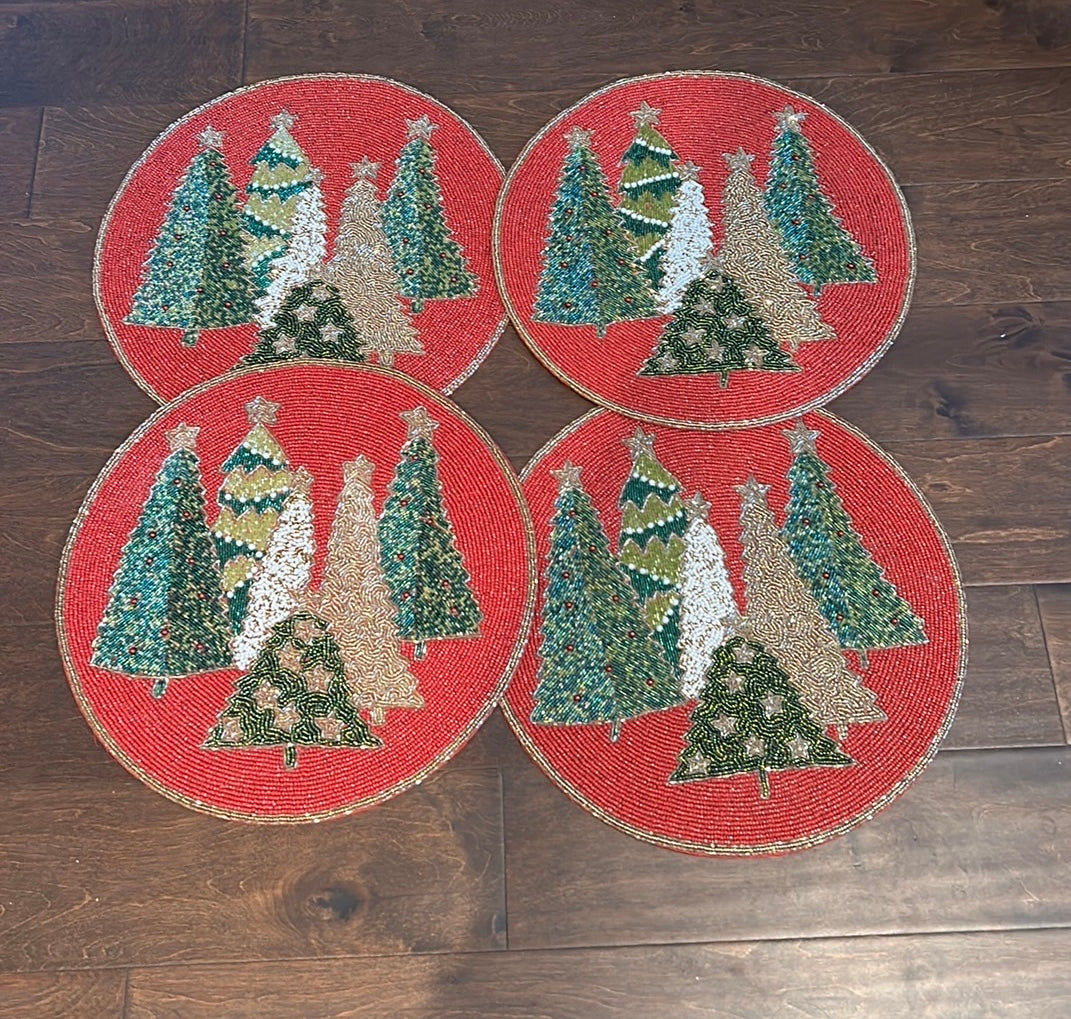 Tahari Beaded Charger Set Of 4 Placemat Christmas Trees Holiday Colorful