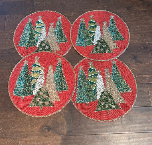 Tahari Beaded Charger Set Of 4 Placemat Christmas Trees Holiday Colorful