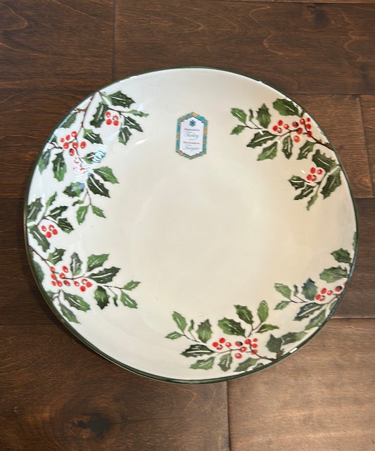 Papart Christmas Holly Berries Ceramic  Serving Bowl Hand Painted Turkey 11.5”